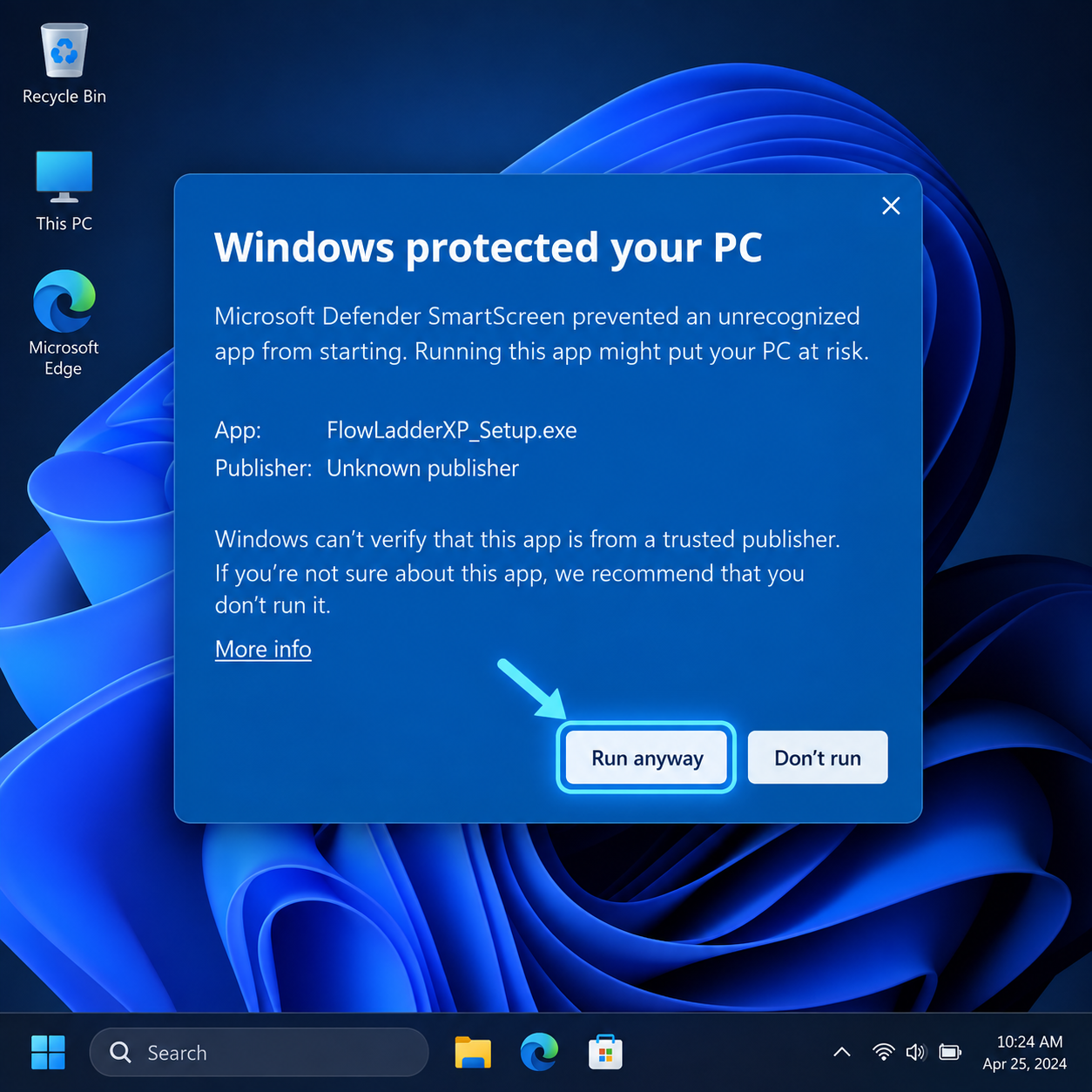 Windows SmartScreen — More info then Run anyway