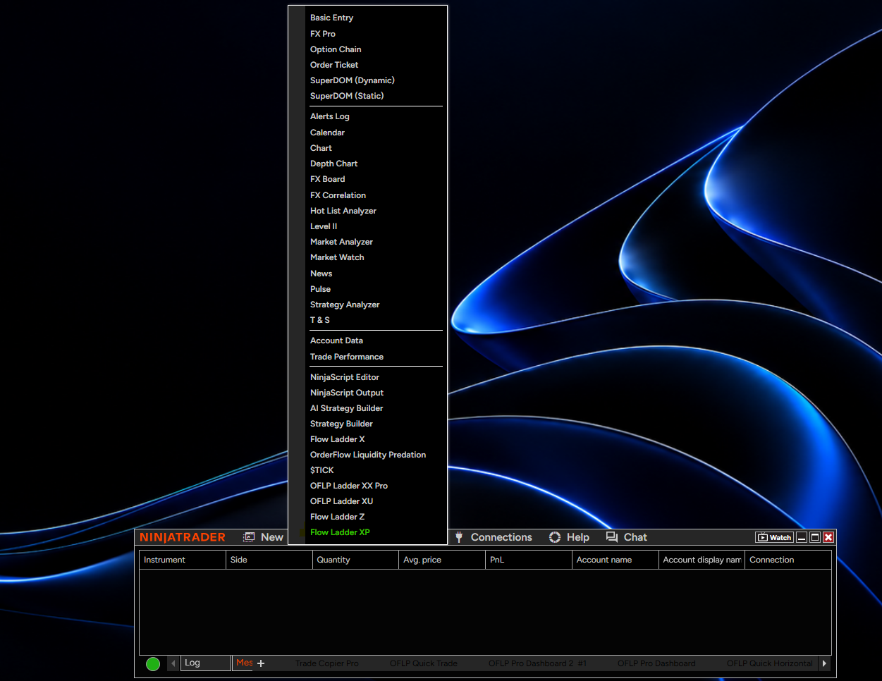 Opening Flow Ladder XP from the NinjaTrader New menu