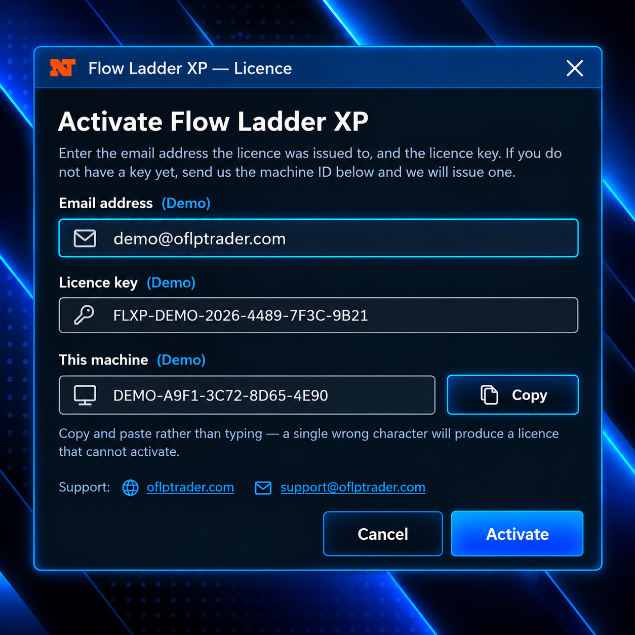 The activation window with email and licence key fields